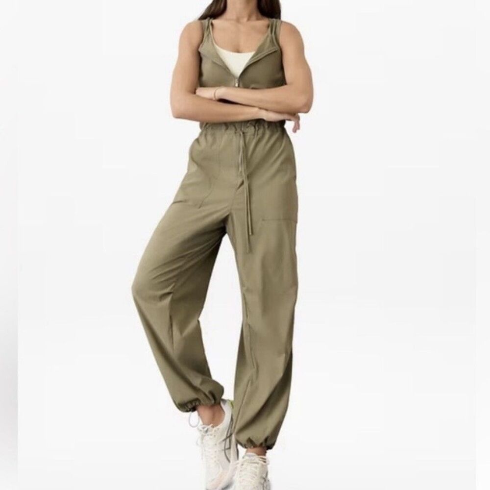 Athleta Flex Jumpsuit size M Olive Zip Up Utility Athleisure Travel Sport Romper - Picture 3 of 14